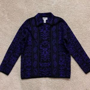 Women's PENDLETON Black & Purple EMBROIDERED Zip Up WOOL Cardigan SWEATER  M